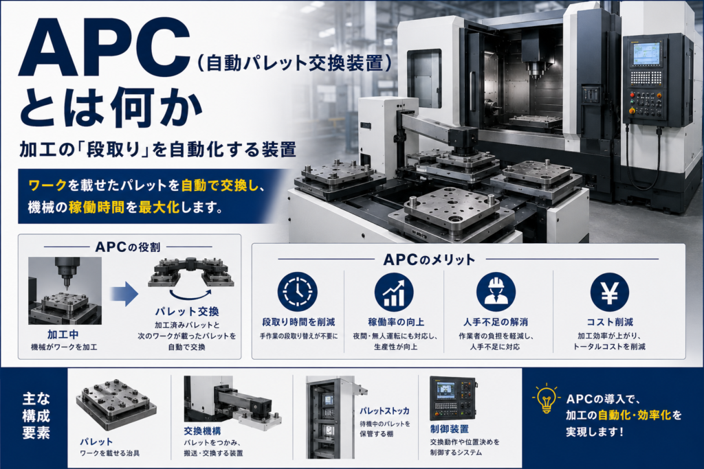 APC(自動パレット交換装置)とは何か 段取りレス化のメリットと構成要素の解説図