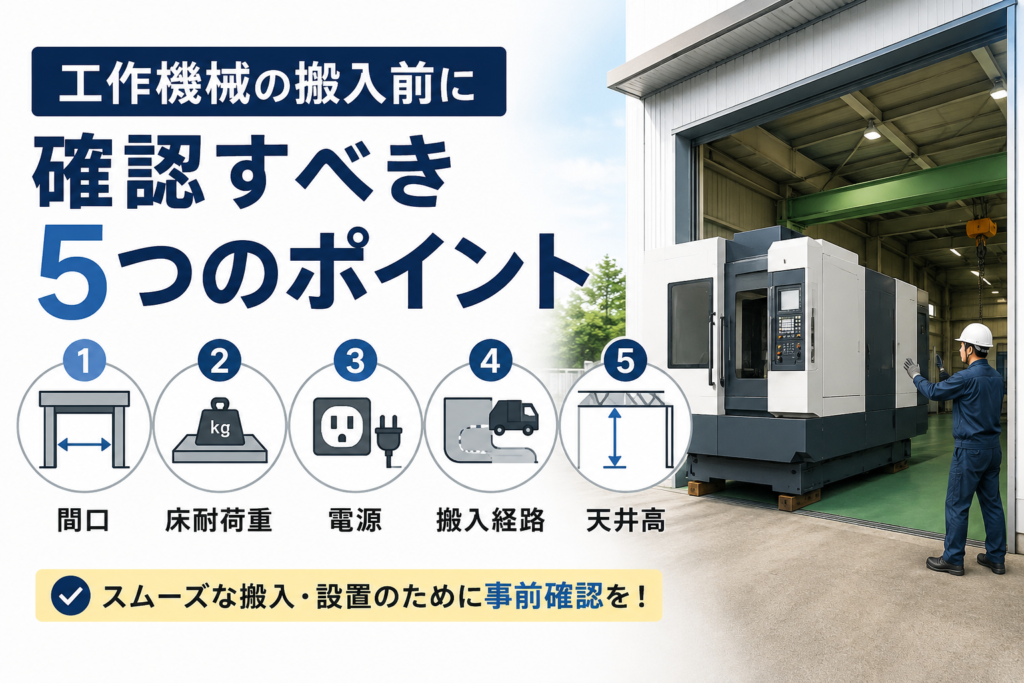 工作機械の搬入前に確認すべき5つのポイント(間口・床耐荷重・電源・搬入経路・天井高)のインフォグラフィック