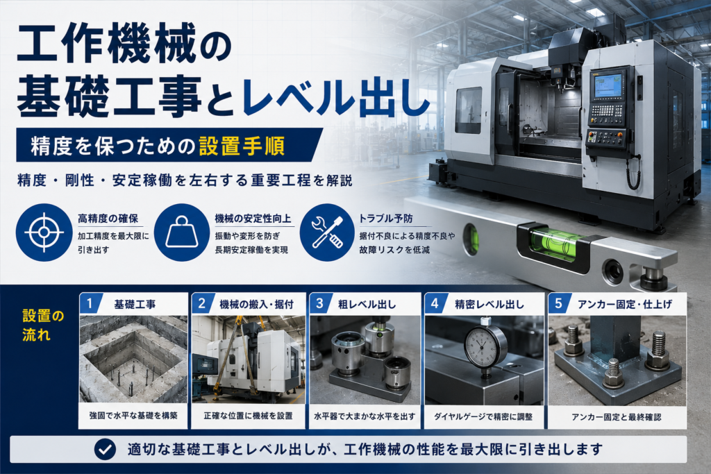工作機械の基礎工事とレベル出し 精度を保つための設置手順の解説図