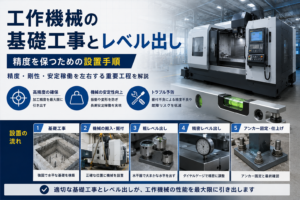 工作機械の基礎工事とレベル出し 精度を保つための設置手順の解説図