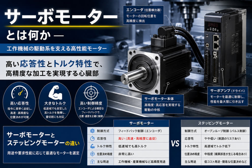 サーボモーターとは何か 応答性・トルク特性・ステッピングモーターとの違いの解説図
