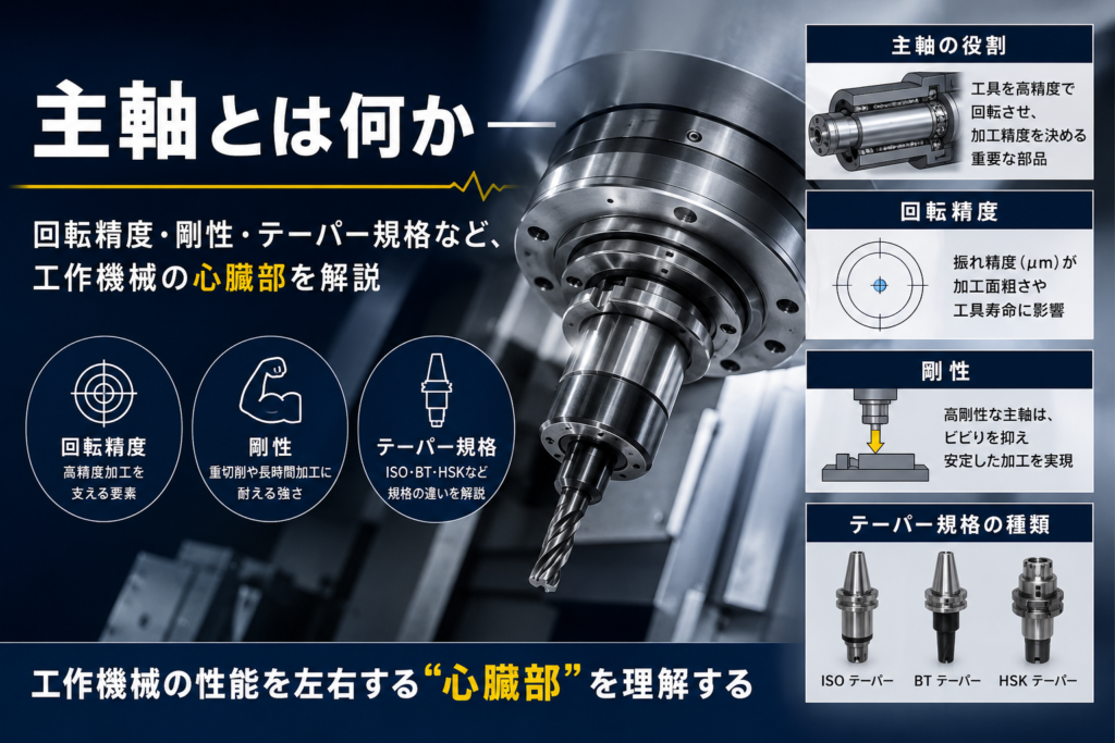 主軸とは何か 回転精度・剛性・テーパー規格の解説図