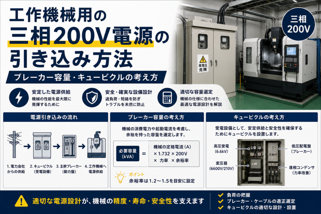 工作機械用の三相200V電源の引き込み方法 ブレーカー容量・キュービクルの考え方の解説図