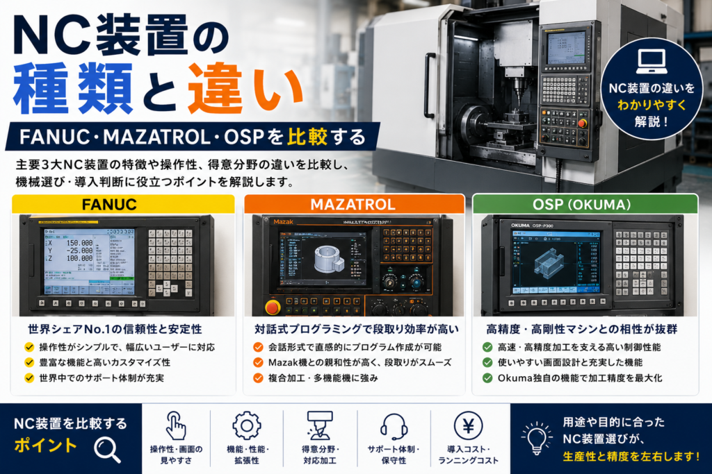 NC装置の種類と違い FANUC・MAZATROL・OSPを比較する解説図