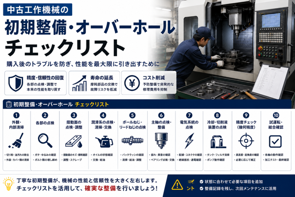 中古工作機械の初期整備・オーバーホールチェックリストの解説図